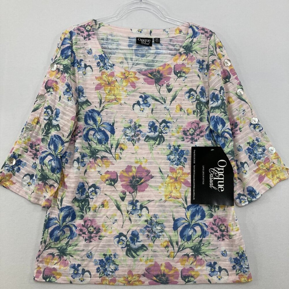 New‎ Onque Casual XL Multi Color Floral Embellished Stretch Buttons Sleeve Top